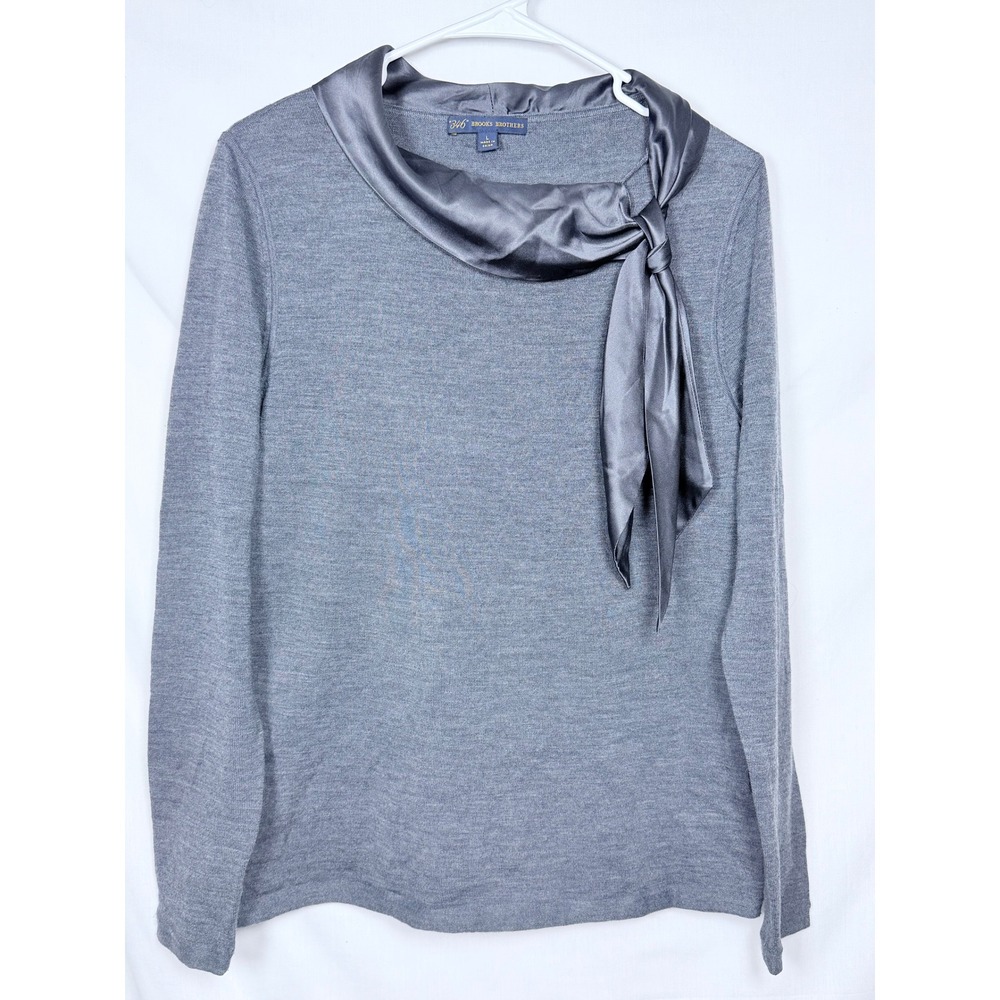 Brooks Brothers Womens Merino Wool Silk Tie Neck Sweater L Gray Long Sleeve 346